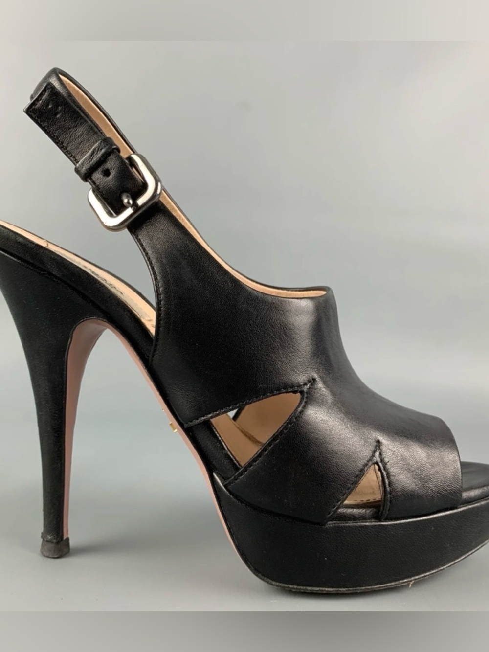 Prada Black Leather Platform Slingback Heels Size 39 Designer Sandals - Picture 3 of 4